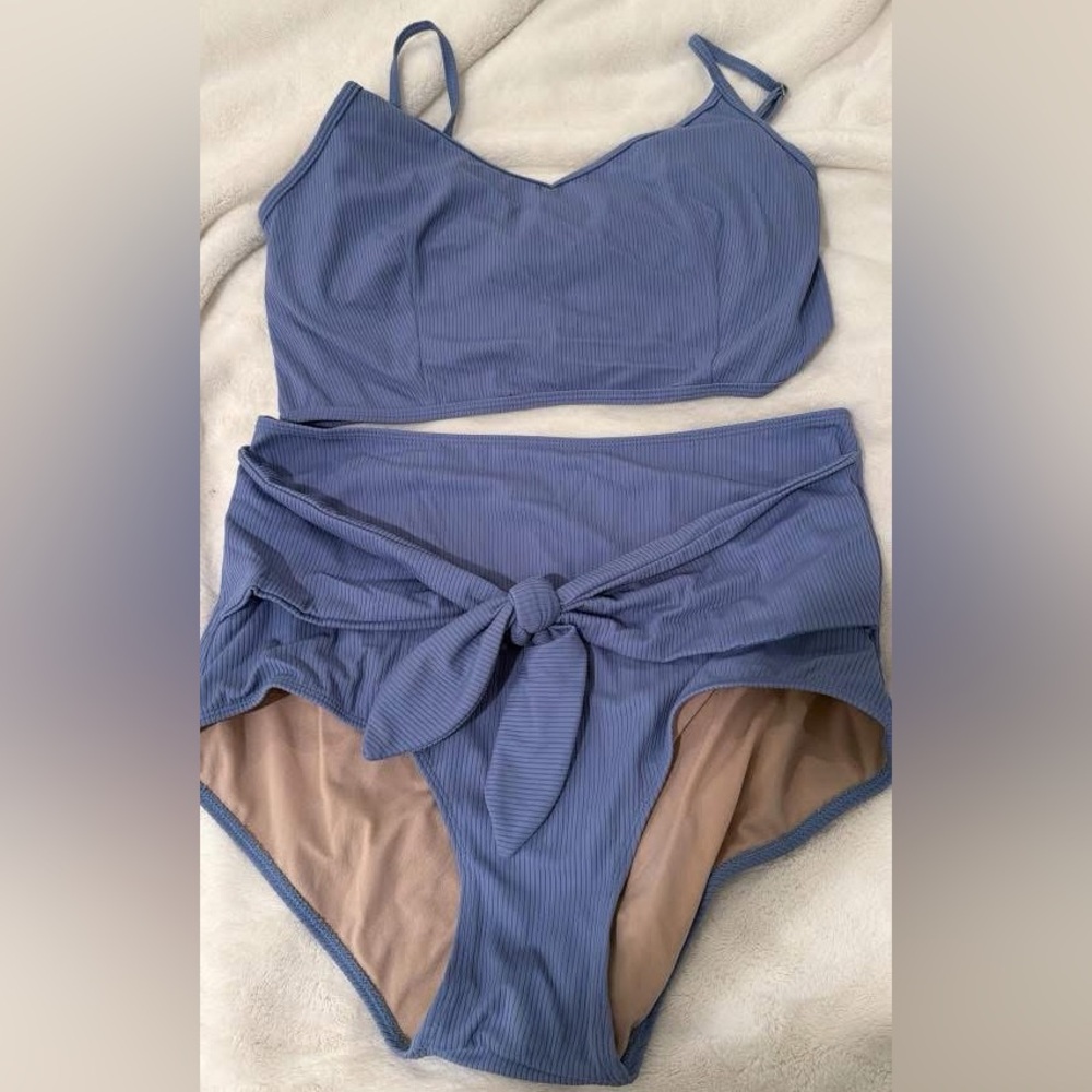 Kortni Jeane Milky Blue Ribbed High-Waist Bikini Set